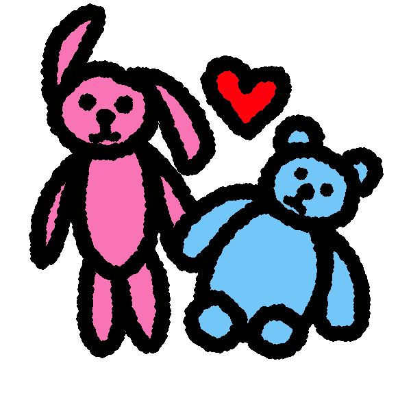 A pink bunny plushie stands next to a sitting blue bear plushie with a red heart in between them.